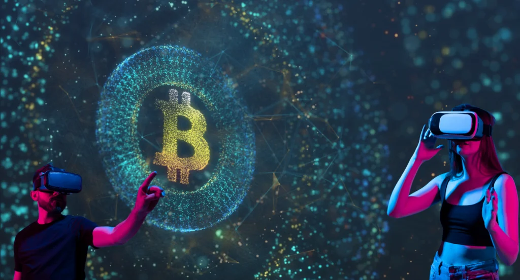 Homem e mulher contemplam criptomoeda no metaverso