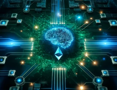 Imagem mostra cérebro como picone de IA protegendo transações feitas pela Ethereum