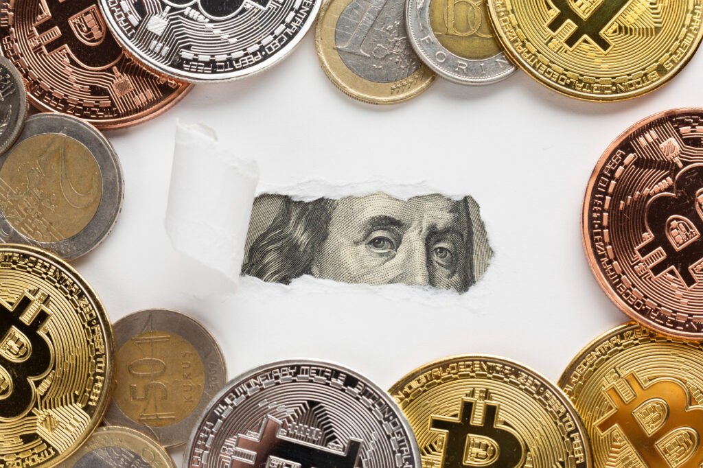 Moedas de bitcoin e uma nota de dólar