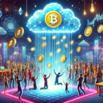 Ilustração vibrante de um evento de airdrop de criptomoedas, mostrando tokens caindo de uma nuvem digital sobre uma multidão diversa e animada. A cena se passa em uma paisagem urbana futurista com telas digitais artísticas e luzes de neon, simbolizando a distribuição de ativos digitais em um ambiente de tecnologia blockchain.