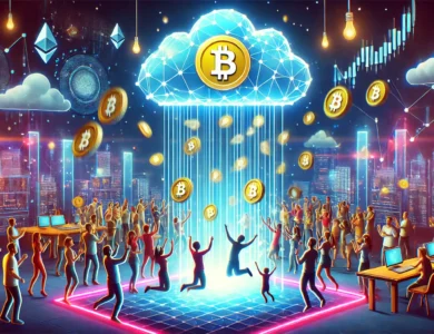 Ilustração vibrante de um evento de airdrop de criptomoedas, mostrando tokens caindo de uma nuvem digital sobre uma multidão diversa e animada. A cena se passa em uma paisagem urbana futurista com telas digitais artísticas e luzes de neon, simbolizando a distribuição de ativos digitais em um ambiente de tecnologia blockchain.