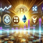 Imagem futurista mostrando cinco altcoins proeminentes (CYBRO, Solana, Cardano, XRP, Avalanche) com gráficos de crescimento ascendente, simbolizando lucros massivos e potencial de crescimento. O fundo possui grades digitais brilhantes, transmitindo uma sensação de sofisticação tecnológica e sucesso financeiro.
