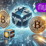 Imagem ilustrando a integração da Bitcoin Lightning Network na plataforma do Nubank. Inclui o logotipo do Nubank, o símbolo do Bitcoin e gráficos representando transações rápidas e seguras. O fundo apresenta um design futurista com elementos digitais e de blockchain, destacando a inovação e a tecnologia financeira.