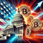 Imagem mostrando uma transferência digital de uma grande quantidade de Bitcoin com o fundo da bandeira dos Estados Unidos. Elementos como o Capitólio e o logotipo da Coinbase estão presentes, diminuindo a transferência governamental da criptomoeda. A ilustração tem setas que simbolizam a movimentação dos Bitcoins, transmitindo uma sensação de urgência e importância. As cores são ousadas e contrastantes, capturando a atenção do espectador.