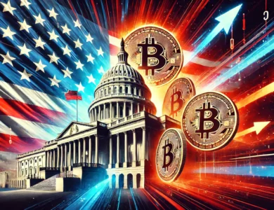 Imagem mostrando uma transferência digital de uma grande quantidade de Bitcoin com o fundo da bandeira dos Estados Unidos. Elementos como o Capitólio e o logotipo da Coinbase estão presentes, diminuindo a transferência governamental da criptomoeda. A ilustração tem setas que simbolizam a movimentação dos Bitcoins, transmitindo uma sensação de urgência e importância. As cores são ousadas e contrastantes, capturando a atenção do espectador.