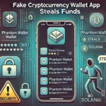 Imagem retangular ilustrando um alerta de segurança sobre um aplicativo falso de carteira de criptomoedas na App Store. No centro da imagem, há um smartphone exibindo a App Store com um aplicativo fraudulento que imita a Phantom Wallet, mostrando avaliações de 1 estrela. O aplicativo está listado na categoria "Educação" em vez de "Utilitários". Ao fundo, há ícones de alerta e uma figura de um usuário preocupado. Também aparecem os logotipos das criptomoedas Phantom Wallet e Solana. A imagem enfatiza o tema da segurança digital com elementos como um cadeado, símbolos de aviso e um título em destaque: "Aplicativo Falso de Carteira de Criptomoedas Rouba Fundos".