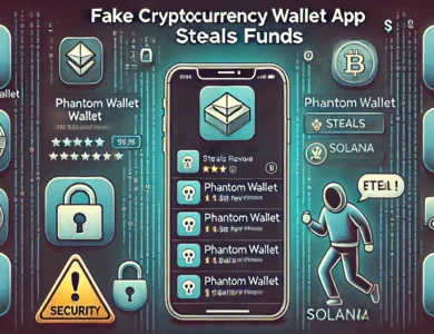 Imagem retangular ilustrando um alerta de segurança sobre um aplicativo falso de carteira de criptomoedas na App Store. No centro da imagem, há um smartphone exibindo a App Store com um aplicativo fraudulento que imita a Phantom Wallet, mostrando avaliações de 1 estrela. O aplicativo está listado na categoria "Educação" em vez de "Utilitários". Ao fundo, há ícones de alerta e uma figura de um usuário preocupado. Também aparecem os logotipos das criptomoedas Phantom Wallet e Solana. A imagem enfatiza o tema da segurança digital com elementos como um cadeado, símbolos de aviso e um título em destaque: "Aplicativo Falso de Carteira de Criptomoedas Rouba Fundos".