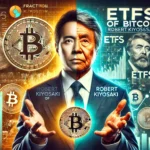 Imagem de Robert Kiyosaki expressando preocupação com ETFs de Bitcoin. A cena mostra Kiyosaki de um lado e representações digitais de Bitcoin e ETFs do outro, com um gráfico destacando o crescimento das reservas de Bitcoin pelos ETFs e elementos visuais sobre reservas fracionárias ao fundo.