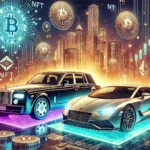 Imagem futurista de carros luxuosos como Rolls-Royce e Lamborghini, combinada com elementos de blockchain e tokens NFT de carros, destacando inovação e tecnologia em um cenário urbano moderno.