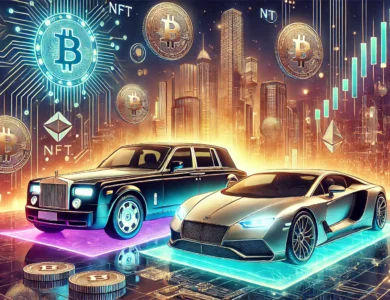 Imagem futurista de carros luxuosos como Rolls-Royce e Lamborghini, combinada com elementos de blockchain e tokens NFT de carros, destacando inovação e tecnologia em um cenário urbano moderno.