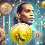 Imagem mostrando Ronaldinho Gaúcho no contexto do mercado de criptomoedas, com símbolos de criptomoedas como Bitcoin e Ethereum, gráficos digitais e elementos de blockchain ao fundo. A imagem tem um design futurista, refletindo a inovação e a natureza controversa dos projetos em que Ronaldinho se envolveu.