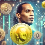 Imagem mostrando Ronaldinho Gaúcho no contexto do mercado de criptomoedas, com símbolos de criptomoedas como Bitcoin e Ethereum, gráficos digitais e elementos de blockchain ao fundo. A imagem tem um design futurista, refletindo a inovação e a natureza controversa dos projetos em que Ronaldinho se envolveu.