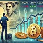 Ilustração financeira mostrando o colapso do iene japonês com um gráfico destacando a queda da moeda em relação ao dólar americano. Ao lado, símbolos de Bitcoin e uma pessoa de negócios considerando investimentos em Bitcoin. Ao fundo, uma paisagem urbana japonesa e um painel de bolsa de valores exibindo taxas flutuantes.
