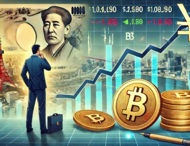 Ilustração financeira mostrando o colapso do iene japonês com um gráfico destacando a queda da moeda em relação ao dólar americano. Ao lado, símbolos de Bitcoin e uma pessoa de negócios considerando investimentos em Bitcoin. Ao fundo, uma paisagem urbana japonesa e um painel de bolsa de valores exibindo taxas flutuantes.