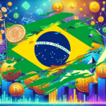 Ilustração dinâmica e colorida mostrando o Brasil investindo em fundos de criptomoedas. A imagem destaca a bandeira brasileira ao lado de ícones de criptomoedas como Bitcoin, Ethereum e Solana, com gráficos ascendentes e símbolos de dólar, representando crescimento e inovação no mercado financeiro. Ideal para artigos sobre investimentos cripto, tendências de mercado e estratégias de investimento do Brasil.