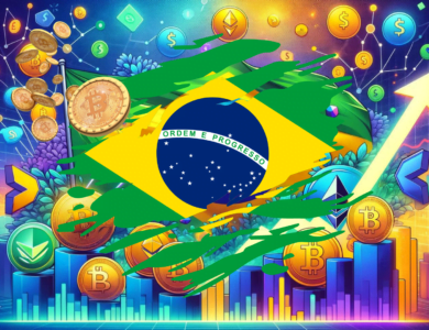 Ilustração dinâmica e colorida mostrando o Brasil investindo em fundos de criptomoedas. A imagem destaca a bandeira brasileira ao lado de ícones de criptomoedas como Bitcoin, Ethereum e Solana, com gráficos ascendentes e símbolos de dólar, representando crescimento e inovação no mercado financeiro. Ideal para artigos sobre investimentos cripto, tendências de mercado e estratégias de investimento do Brasil.