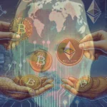 Ilustração de doação de criptomoedas, mostrando mãos passando moedas digitais com símbolos de Bitcoin e Ethereum. O fundo apresenta ícones de blockchain e um mapa de rede global, destacando a natureza digital e internacional da transação, transmitindo generosidade e suporte.