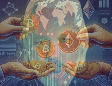 Ilustração de doação de criptomoedas, mostrando mãos passando moedas digitais com símbolos de Bitcoin e Ethereum. O fundo apresenta ícones de blockchain e um mapa de rede global, destacando a natureza digital e internacional da transação, transmitindo generosidade e suporte.