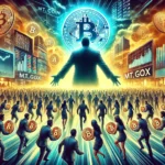 Ilustração dramática e impactante do mundo das criptomoedas, mostrando um grande grupo de pessoas representando credores segurando símbolos de Bitcoin, com um fundo de mercado digital movimentado e gráficos de volatilidade. Inclui sutilmente o logotipo da Mt. Gox, simbolizando a distribuição de Bitcoin.