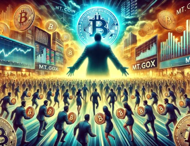Ilustração dramática e impactante do mundo das criptomoedas, mostrando um grande grupo de pessoas representando credores segurando símbolos de Bitcoin, com um fundo de mercado digital movimentado e gráficos de volatilidade. Inclui sutilmente o logotipo da Mt. Gox, simbolizando a distribuição de Bitcoin.