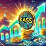 Ilustração vibrante da criptomoeda Kaspa (KAS) com setas apontando para cima e um gráfico indicando aumento significativo de valor. Elementos de mineração digital simbolizam a participação da Marathon Digital (MARA). Cores verdes e azuis representam crescimento e positividade.
