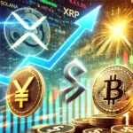 Imagem mostrando os símbolos das criptomoedas Solana (SOL), XRP e MAGA, com um gráfico financeiro de fundo indicando uma tendência de alta. Elementos como setas apontando para cima e sinais de dólar sugerem crescimento e potencial de lucro no mercado de criptomoedas.
