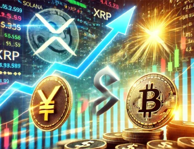 Imagem mostrando os símbolos das criptomoedas Solana (SOL), XRP e MAGA, com um gráfico financeiro de fundo indicando uma tendência de alta. Elementos como setas apontando para cima e sinais de dólar sugerem crescimento e potencial de lucro no mercado de criptomoedas.