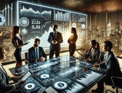 Um grupo diversificado de especialistas financeiros em uma reunião tensa dentro de um escritório moderno. Eles estão focados em uma grande tela digital que exibe gráficos e estatísticas sobre criptomoedas. O ambiente é sofisticado e tecnologicamente avançado, com uma vista panorâmica da cidade ao fundo. A cena simboliza uma discussão importante sobre mudanças financeiras globais.