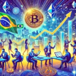 Imagem mostrando investidores brasileiros interagindo com criptomoedas. Na cena, as pessoas utilizam dispositivos móveis para gerenciamento de ações digitais como Bitcoin, Ethereum e stablecoins. Os elementos visuais incluem gráficos com tendências de alta e ícones das criptomoedas. O fundo possui detalhes sutis que remetem ao Brasil, como os núcleos da bandeira brasileira e marcos icônicos. A imagem transmite um tom vibrante e futurista, refletindo o otimismo e crescimento do mercado de criptomoedas no Brasil.