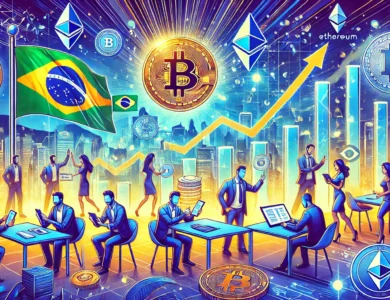 Imagem mostrando investidores brasileiros interagindo com criptomoedas. Na cena, as pessoas utilizam dispositivos móveis para gerenciamento de ações digitais como Bitcoin, Ethereum e stablecoins. Os elementos visuais incluem gráficos com tendências de alta e ícones das criptomoedas. O fundo possui detalhes sutis que remetem ao Brasil, como os núcleos da bandeira brasileira e marcos icônicos. A imagem transmite um tom vibrante e futurista, refletindo o otimismo e crescimento do mercado de criptomoedas no Brasil.