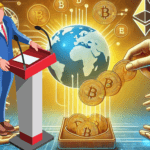 A imagem ilustra o conceito de doação de criptomoedas de maneira clara e visualmente atraente. No centro, moedas digitais com símbolos populares de criptomoedas, como Bitcoin e Ethereum, estão sendo transferidas de uma carteira digital para uma organização de caridade. Ao fundo, um globo terrestre representa o alcance global das doações. Mãos estendidas simbolizam o ato de dar e receber. As cores brilhantes e otimistas transmitem uma mensagem positiva e impactante, reforçando a importância das doações de criptomoedas para causas beneficentes ao redor do mundo.