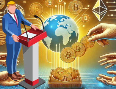 A imagem ilustra o conceito de doação de criptomoedas de maneira clara e visualmente atraente. No centro, moedas digitais com símbolos populares de criptomoedas, como Bitcoin e Ethereum, estão sendo transferidas de uma carteira digital para uma organização de caridade. Ao fundo, um globo terrestre representa o alcance global das doações. Mãos estendidas simbolizam o ato de dar e receber. As cores brilhantes e otimistas transmitem uma mensagem positiva e impactante, reforçando a importância das doações de criptomoedas para causas beneficentes ao redor do mundo.