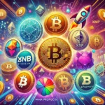 Ilustração vibrante e futurista destacando várias criptomoedas populares, com símbolos de Bitcoin, Ethereum, Solana, BNB, XRP, Uniswap, Mina Protocol, Cosmos e Shiba Inu.
