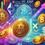 Imagem ilustrativa sobre as melhores criptomoedas para day trade em 2024. Ela apresenta ícones representando várias criptomoedas com gráficos de tendência ascendente e elementos visuais que indicam oportunidades lucrativas.