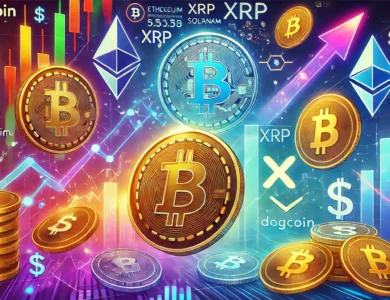 Imagem ilustrativa sobre as melhores criptomoedas para day trade em 2024. Ela apresenta ícones representando várias criptomoedas com gráficos de tendência ascendente e elementos visuais que indicam oportunidades lucrativas.
