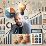 Uma imagem retangular que ilustra dicas de investimento. A composição inclui um gráfico financeiro, um cofrinho, uma pilha de moedas, uma lâmpada simbolizando ideias e uma calculadora. O fundo apresenta gráficos financeiros abstratos em um esquema de cores neutras, transmitindo um aspecto profissional e organizado.