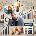 Uma imagem retangular que ilustra dicas de investimento. A composição inclui um gráfico financeiro, um cofrinho, uma pilha de moedas, uma lâmpada simbolizando ideias e uma calculadora. O fundo apresenta gráficos financeiros abstratos em um esquema de cores neutras, transmitindo um aspecto profissional e organizado.