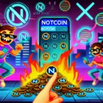 Uma imagem dinâmica ilustrando o jogo Notcoin no Telegram. A cena mostra personagens animados energeticamente tocando em suas telas para coletar tokens digitais. Ao fundo, são visíveis símbolos de criptomoeda e blockchain, junto com uma pilha de tokens em chamas representando a queima de tokens. Uma paisagem futurista sugere a integração com a coleção de NFTs Lost Dogs, exibindo cães digitais e elementos de manipulação de DNA. Cores vibrantes e detalhes dinâmicos transmitem emoção e inovação.