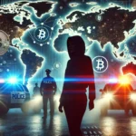 Imagem dramática mostrando uma figura sombria de uma mulher, representando Ruja Ignatova, com luzes de polícia piscando ao fundo e símbolos digitais de criptomoedas, como Bitcoin. Um mapa mundial destaca diversas localidades, sublinhando a abrangência internacional do esquema OneCoin. A atmosfera é tensa e cheia de suspense, capturando a essência de uma caça ao homem global.