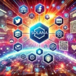 Uma cena futurista e dinâmica mostrando uma transação digital ocorrendo em vários sites usando a tecnologia blockchain da Solana. A imagem apresenta cores vibrantes, uma rede de sites interconectados e o logotipo da Solana em destaque. Ícones de redes sociais, códigos QR e carteiras digitais são visíveis, ilustrando a facilidade e segurança de usar Solana Actions e Blinks para transações com criptomoedas. A estética geral é moderna e tecnológica, destacando a inovação e acessibilidade no mundo das finanças digitais.