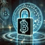 Conceito digital de segurança cibernética, destacando um símbolo de cadeado estilizado sobre um símbolo de criptomoeda, rodeado por linhas de dados e redes digitais em um fundo escuro com elementos destacados em azul neon e verde, transmitindo segurança e vigilância em um contexto futurista.