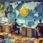 Imagem mostra agentes da Polícia Federal do Brasil em uma operação de desmantelamento de fraudes bancárias envolvendo Bitcoin. Os agentes estão em um escritório, diante de computadores com gráficos e códigos de criptomoedas nas telas. Há documentos e equipamentos eletrônicos sendo apreendidos, e um mapa mundial na parede destaca a conexão entre Brasil, Portugal e Espanha. Elementos de segurança, como coletes e distintivos, também são visíveis.