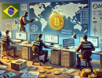 Imagem mostra agentes da Polícia Federal do Brasil em uma operação de desmantelamento de fraudes bancárias envolvendo Bitcoin. Os agentes estão em um escritório, diante de computadores com gráficos e códigos de criptomoedas nas telas. Há documentos e equipamentos eletrônicos sendo apreendidos, e um mapa mundial na parede destaca a conexão entre Brasil, Portugal e Espanha. Elementos de segurança, como coletes e distintivos, também são visíveis.