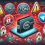 ilustração digital que mostra uma carteira digital segura cercada por sinais de alerta de ataques de phishing. No fundo, há uma representação estilizada da blockchain TON e o logotipo do Telegram. A imagem transmite uma sensação de urgência e cautela, com símbolos de aviso em vermelho e cadeados para enfatizar a segurança. O estilo geral é moderno e focado em tecnologia, usando cores escuras e vivas para criar um visual de alto contraste e envolvente.