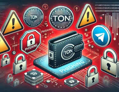 ilustração digital que mostra uma carteira digital segura cercada por sinais de alerta de ataques de phishing. No fundo, há uma representação estilizada da blockchain TON e o logotipo do Telegram. A imagem transmite uma sensação de urgência e cautela, com símbolos de aviso em vermelho e cadeados para enfatizar a segurança. O estilo geral é moderno e focado em tecnologia, usando cores escuras e vivas para criar um visual de alto contraste e envolvente.