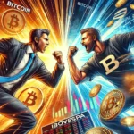 Dois investidores em uma intensa competição, um representando o Bitcoin e o outro o Ibovespa. O fundo inclui gráficos de ações e moedas digitais, simbolizando a batalha financeira entre o mercado de ações e a criptomoeda. No rodapé, um texto em negrito diz: "Bitcoin ou Ibovespa: A Grande Aposta de R$ 100 mil!"