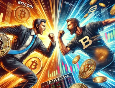 Dois investidores em uma intensa competição, um representando o Bitcoin e o outro o Ibovespa. O fundo inclui gráficos de ações e moedas digitais, simbolizando a batalha financeira entre o mercado de ações e a criptomoeda. No rodapé, um texto em negrito diz: "Bitcoin ou Ibovespa: A Grande Aposta de R$ 100 mil!"