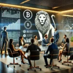 Um escritório moderno e sofisticado, focado em investimento em criptomoedas, onde um grupo diversificado de investidores discute diante de uma tela grande que exibe gráficos sobre as mudanças na tributação de criptomoedas no Brasil. No fundo, integrada de forma sutil à decoração, uma estátua de um leão representa a autoridade fiscal brasileira. O ambiente é bem iluminado, com móveis contemporâneos e design elegante, incluindo laptops e tablets digitais espalhados com símbolos de cripto.
