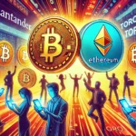 Ilustração vibrante mostrando o entusiasmo de investidores diversificados interagindo com a plataforma digital da Toro, do Santander. Os logos do Bitcoin e Ethereum são destacados, refletindo a inovação e crescimento no mercado de criptomoedas. O ambiente é futurista, com elementos digitais representando a nova era de investimentos.