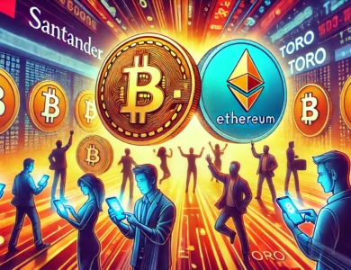 Ilustração vibrante mostrando o entusiasmo de investidores diversificados interagindo com a plataforma digital da Toro, do Santander. Os logos do Bitcoin e Ethereum são destacados, refletindo a inovação e crescimento no mercado de criptomoedas. O ambiente é futurista, com elementos digitais representando a nova era de investimentos.